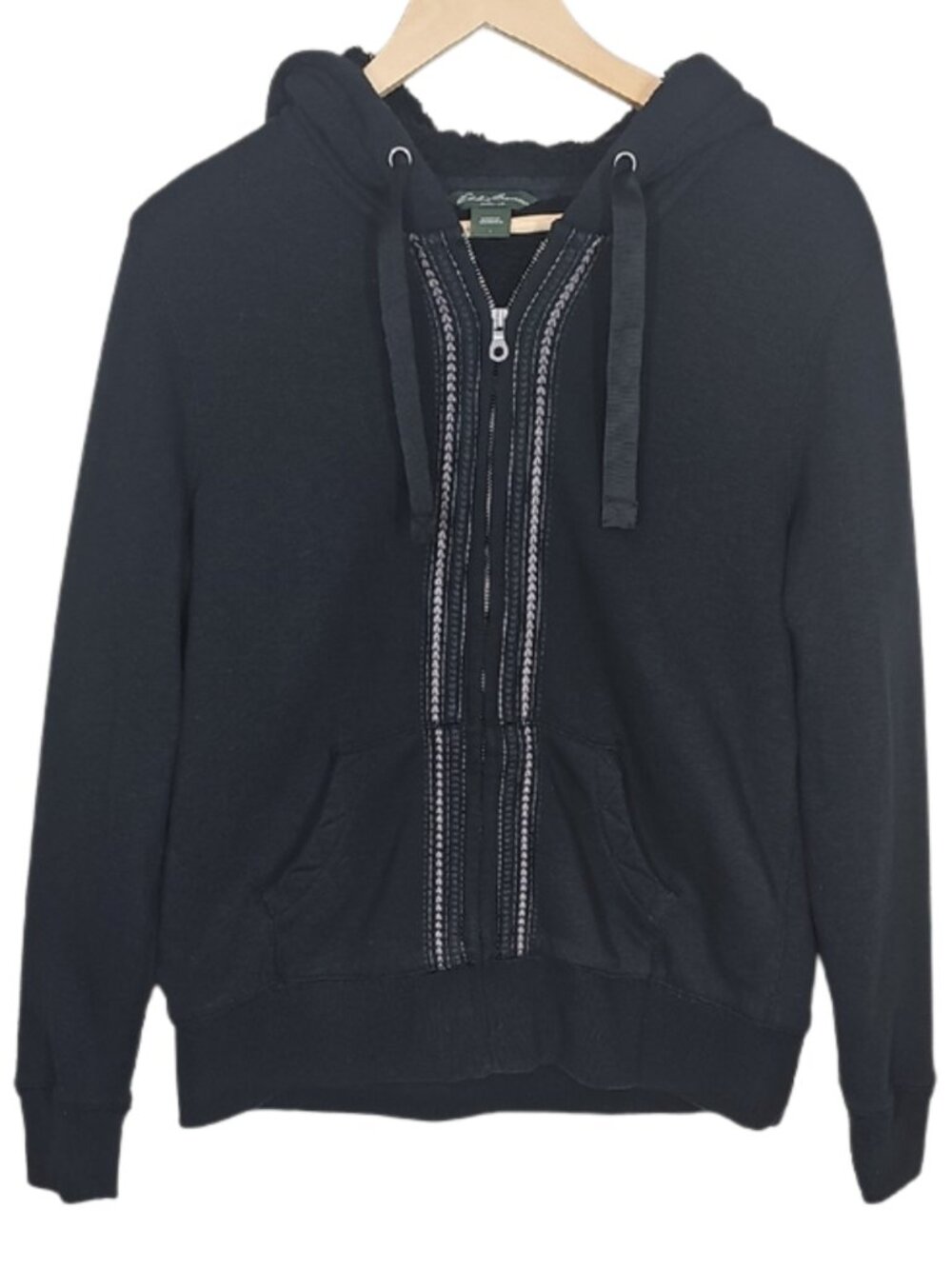 Eddie Bauer Sherpa Lined Hoodie L Full Zip Braided Placket Trim Kangaroo Pocket